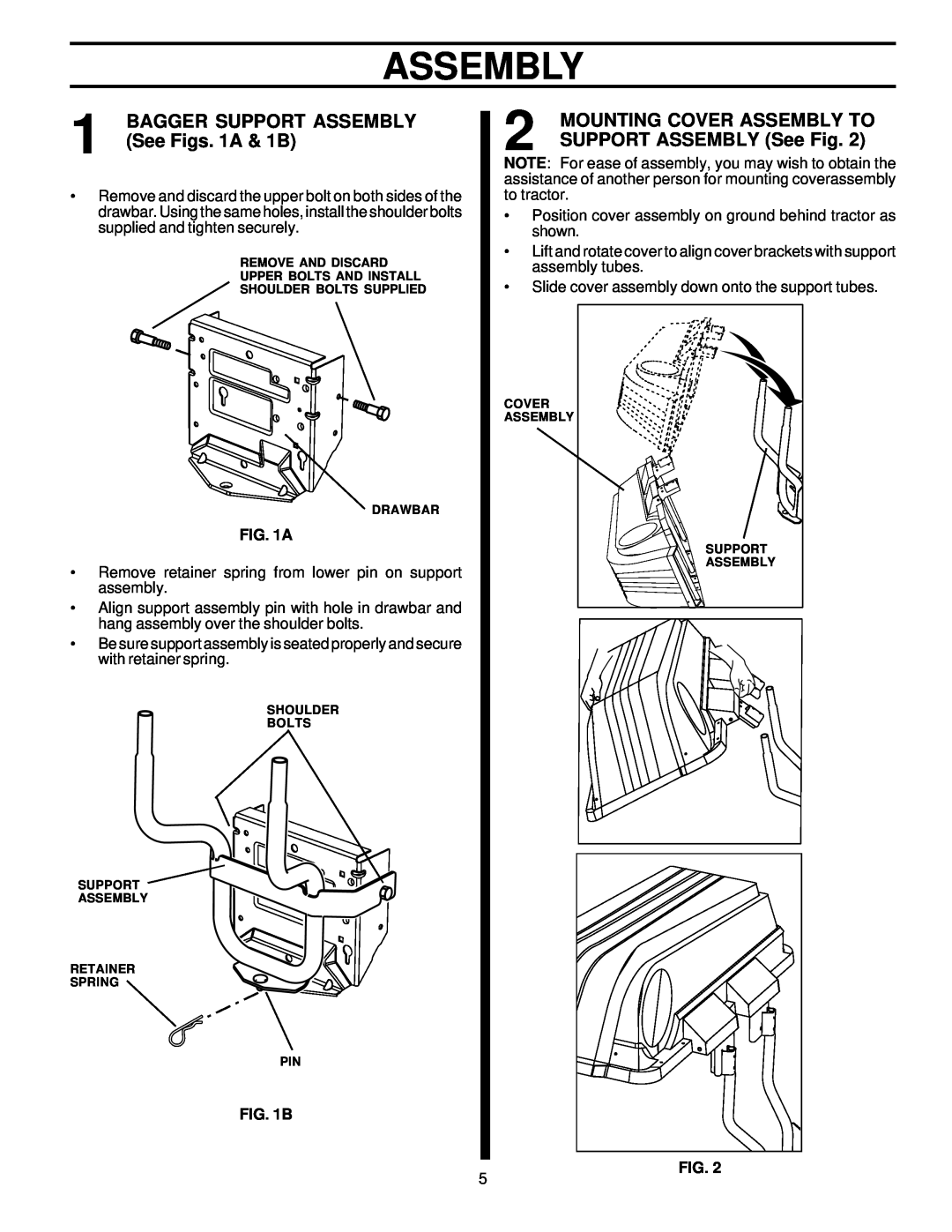 Husqvarna LTB48A owner manual BAGGER SUPPORT ASSEMBLY See Figs. 1A & 1B, Mounting Cover Assembly To 