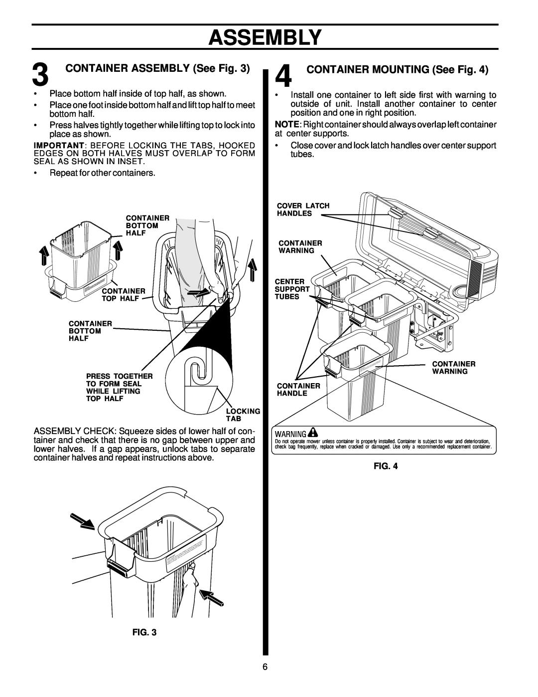 Husqvarna LTB48A owner manual CONTAINER ASSEMBLY See Fig, CONTAINER MOUNTING See Fig, Assembly 