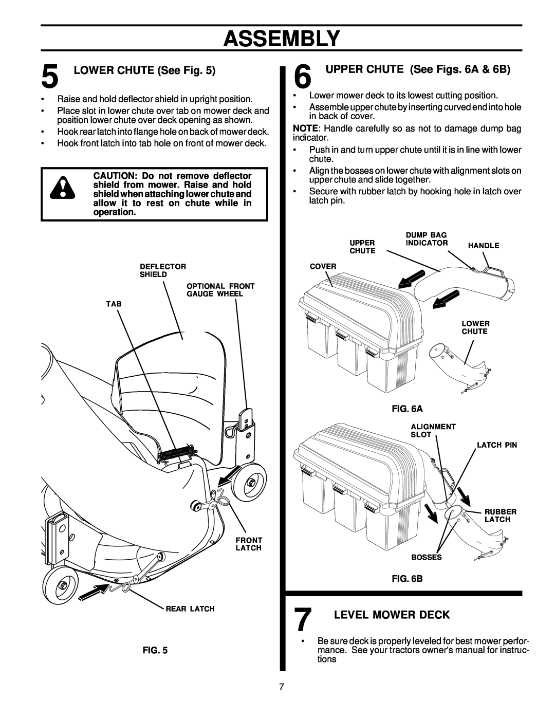Husqvarna LTB48A owner manual LOWER CHUTE See Fig, UPPER CHUTE See Figs. 6A & 6B, Level Mower Deck, Assembly 