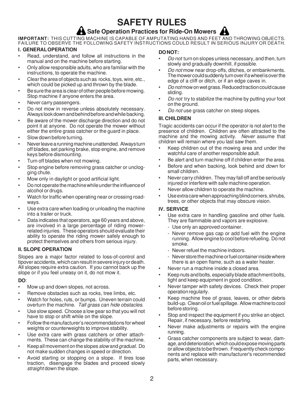 Husqvarna LTH120 owner manual Safe Operation Practices for Ride-On Mowers 