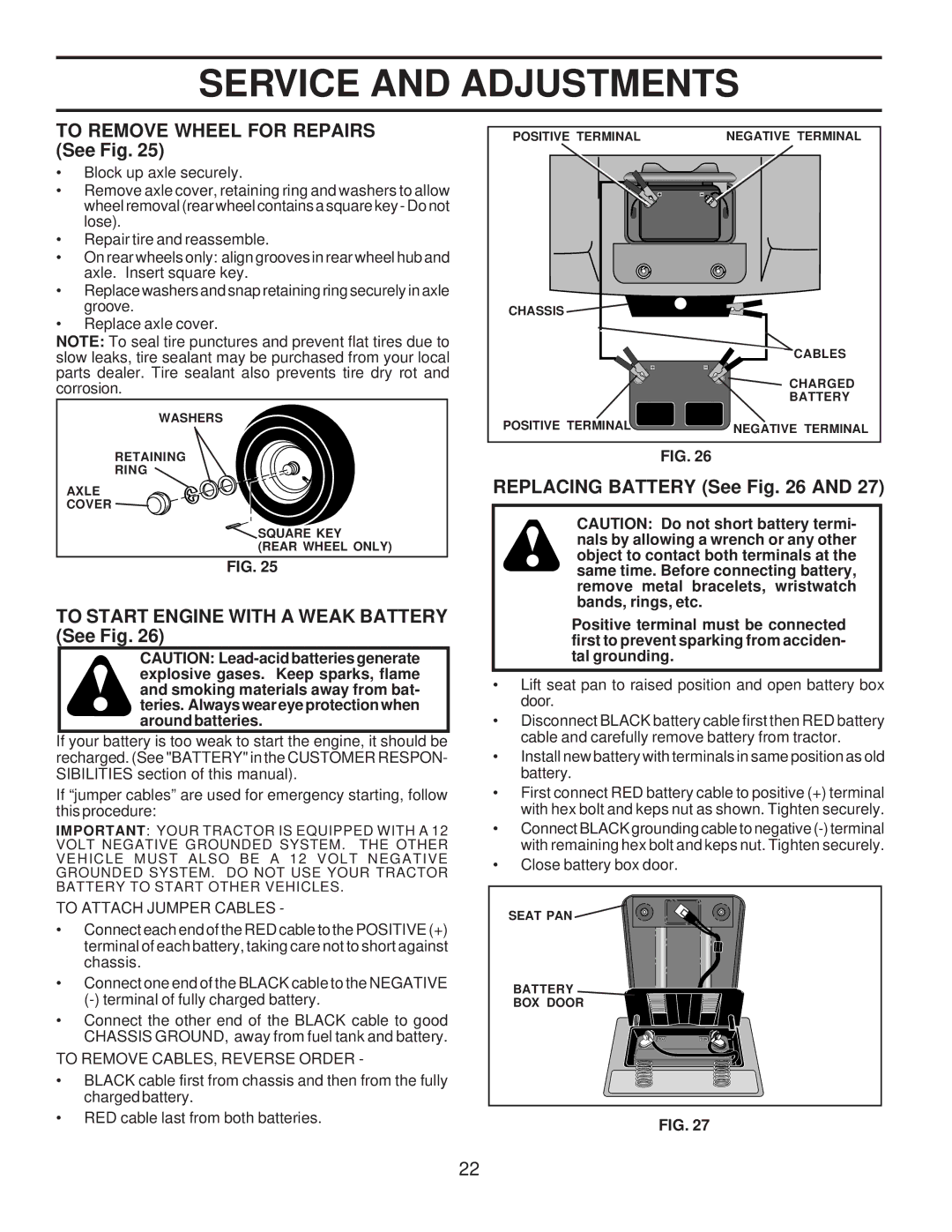 Husqvarna LTH120 To Remove Wheel for Repairs See Fig, To Start Engine with a Weak Battery See Fig, Replacing Battery See 