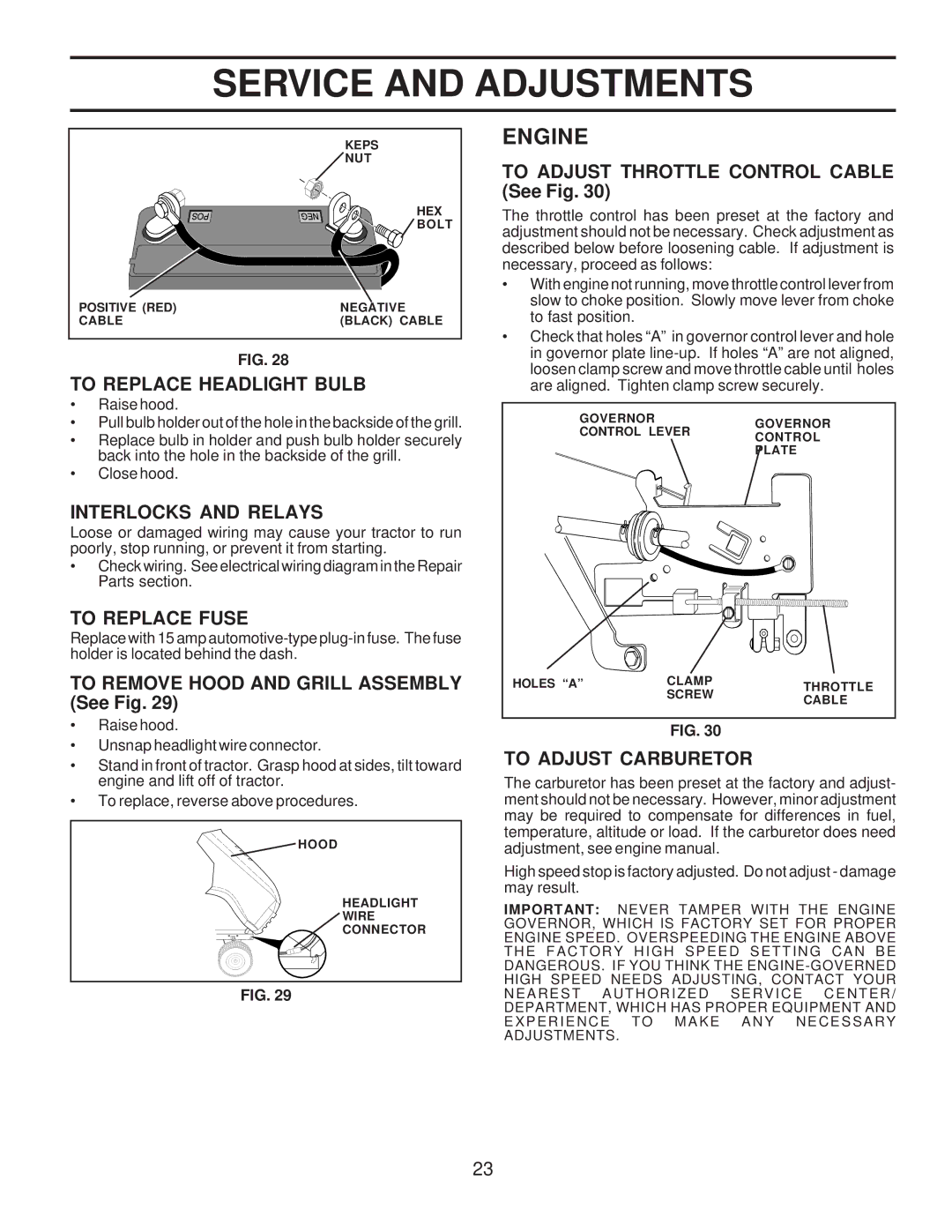 Husqvarna LTH120 owner manual To Replace Headlight Bulb, Interlocks and Relays, To Replace Fuse, To Adjust Carburetor 