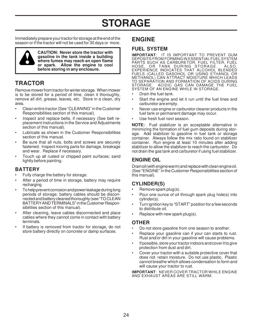 Husqvarna LTH120 owner manual Storage, Tractor 