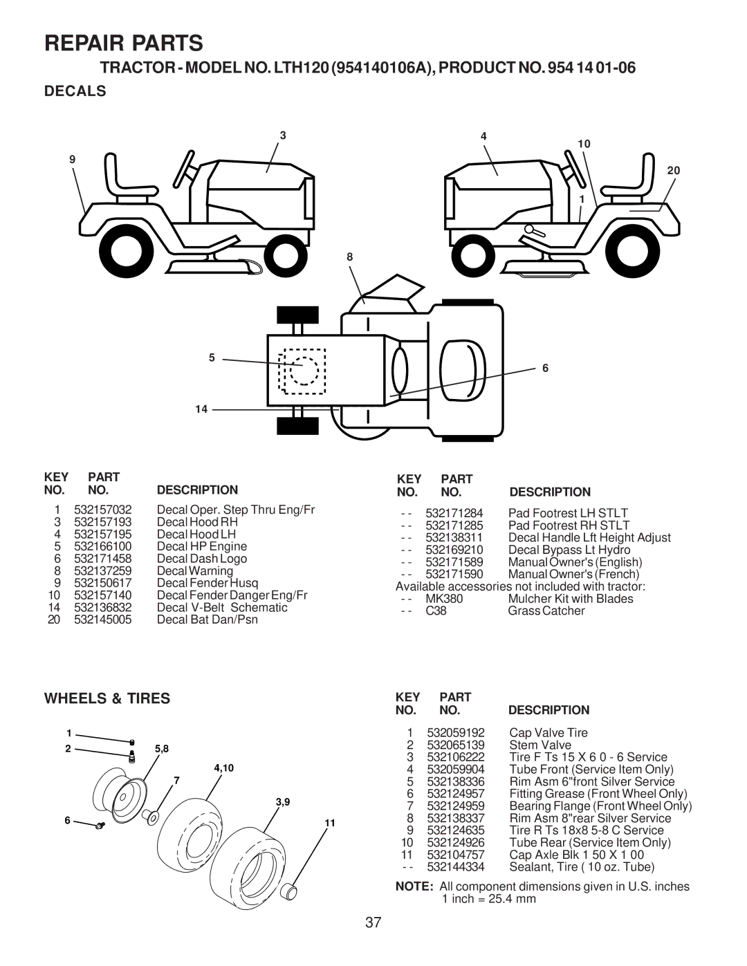 Husqvarna LTH120 owner manual Decals, Wheels & Tires 