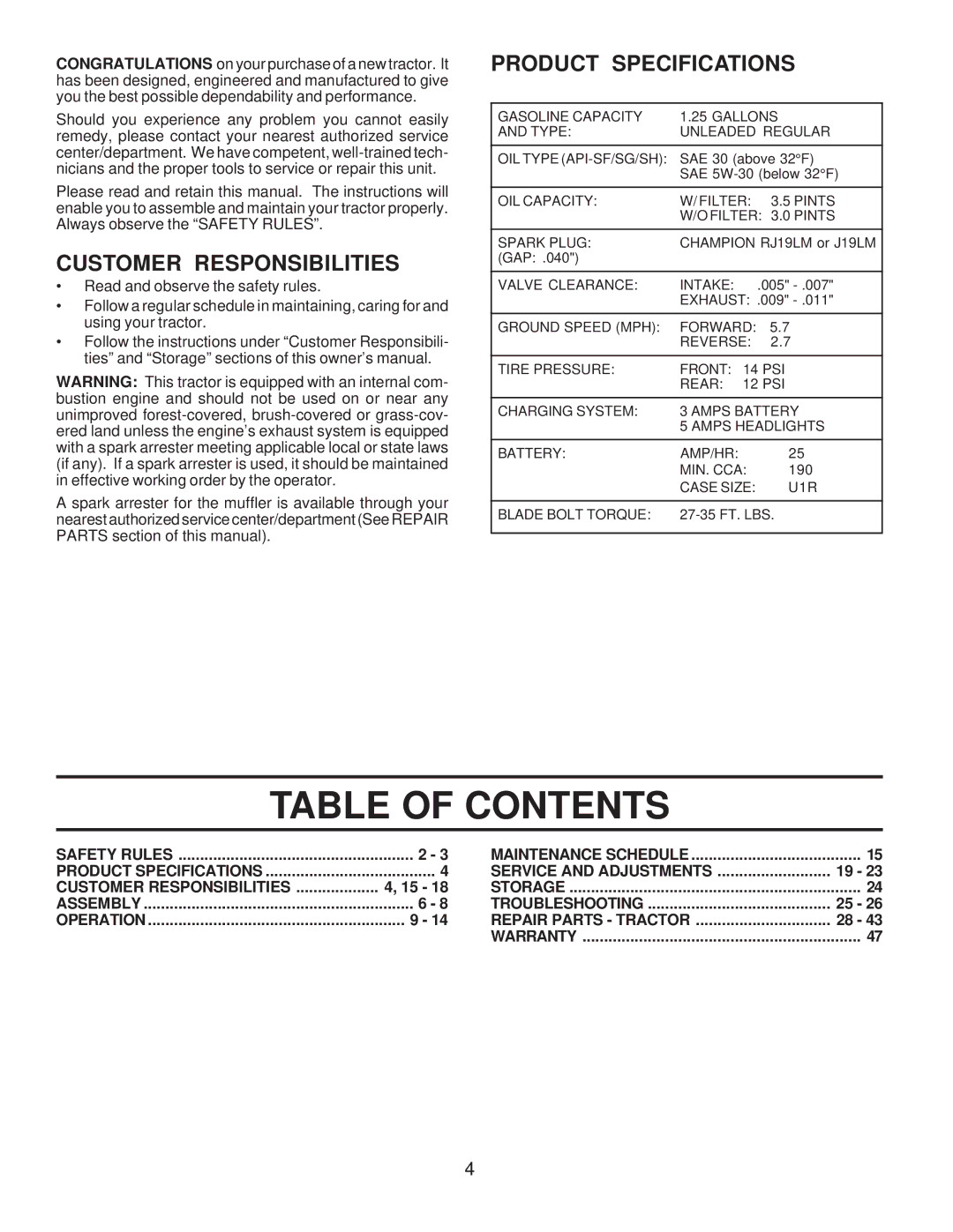 Husqvarna LTH120 owner manual Table of Contents 