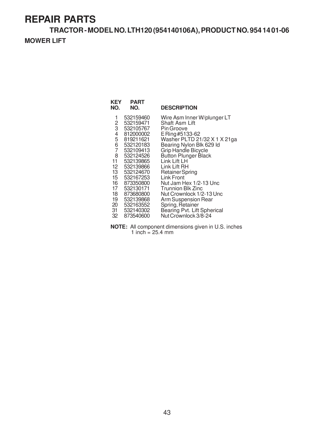 Husqvarna LTH120 owner manual KEY Part Description 