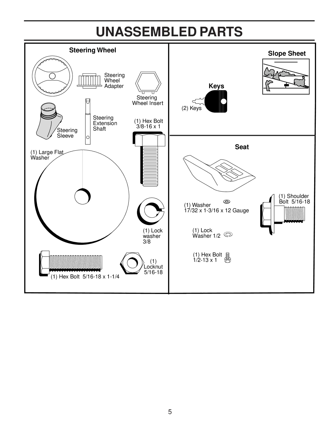 Husqvarna LTH120 owner manual Unassembled Parts, Steering Wheel Slope Sheet, Keys, Seat 