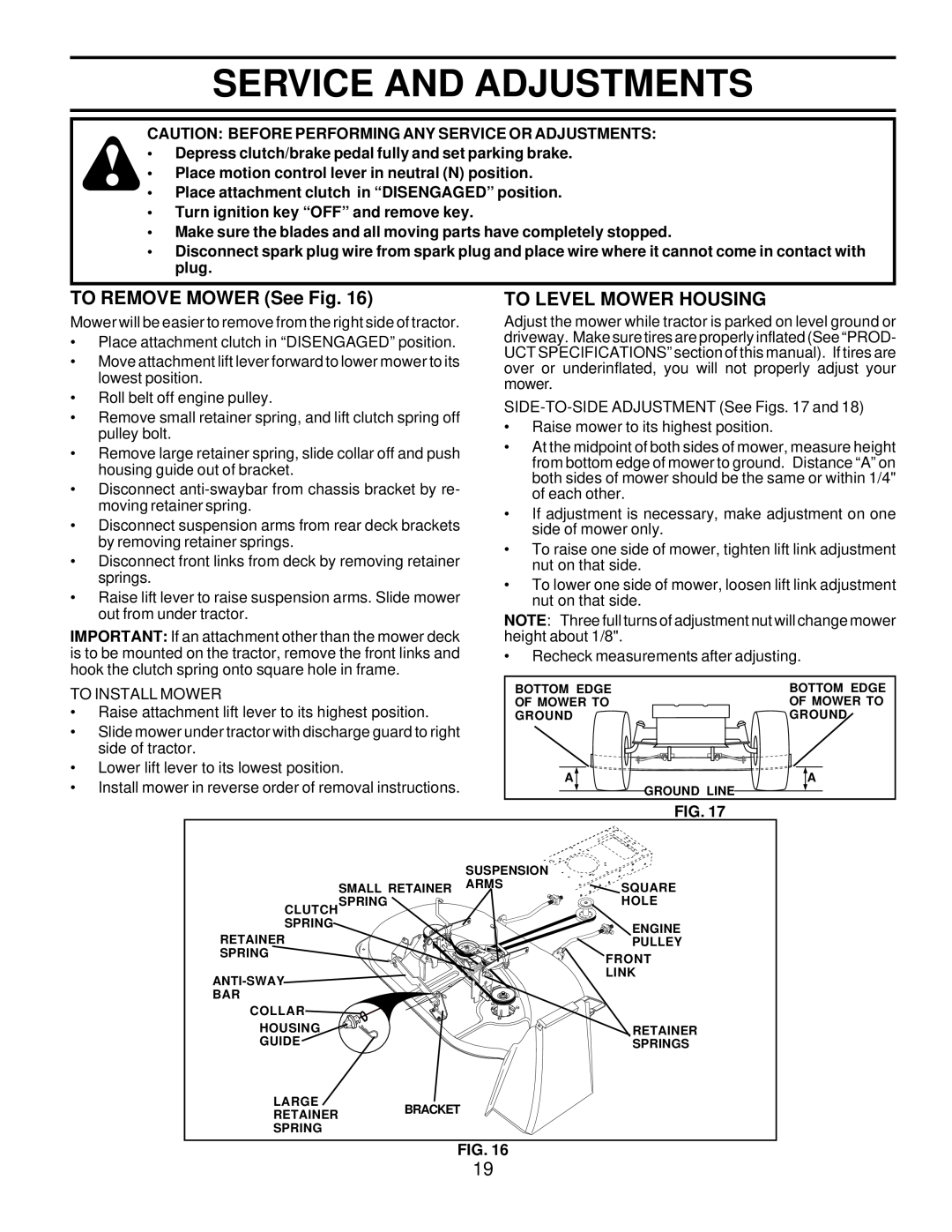 Husqvarna LTH120 owner manual Service And Adjustments, TO REMOVE MOWER See Fig, To Level Mower Housing 