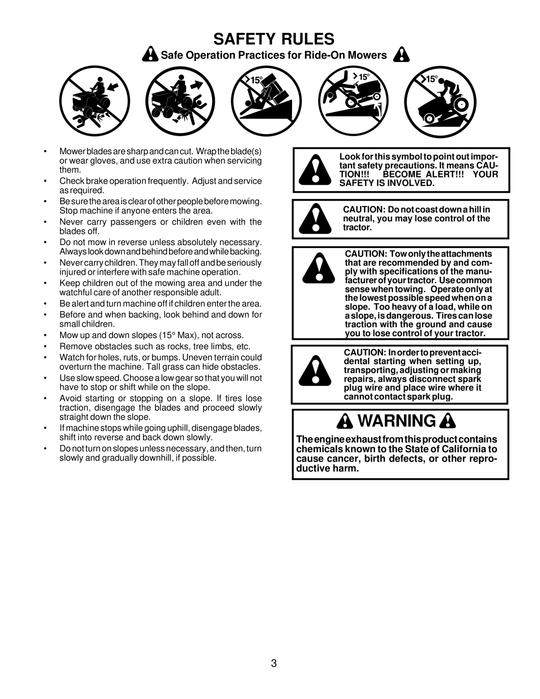 Husqvarna LTH120 owner manual Safety Rules, Safe Operation Practices for Ride-On Mowers 