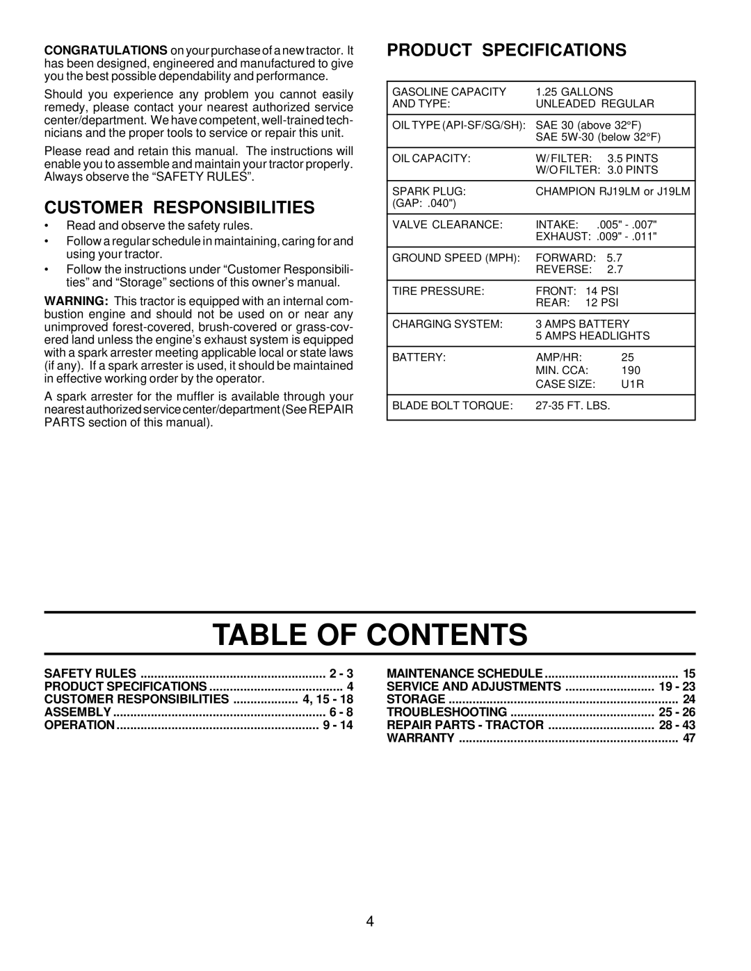 Husqvarna LTH120 owner manual Table Of Contents, Customer Responsibilities, Product Specifications 