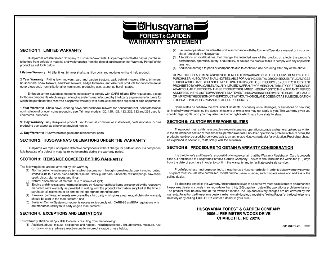 Husqvarna LTH120 Warranty Statement, Limited Warranty, Items Not Covered By This Warranty, Exceptions And Limitations, 531 