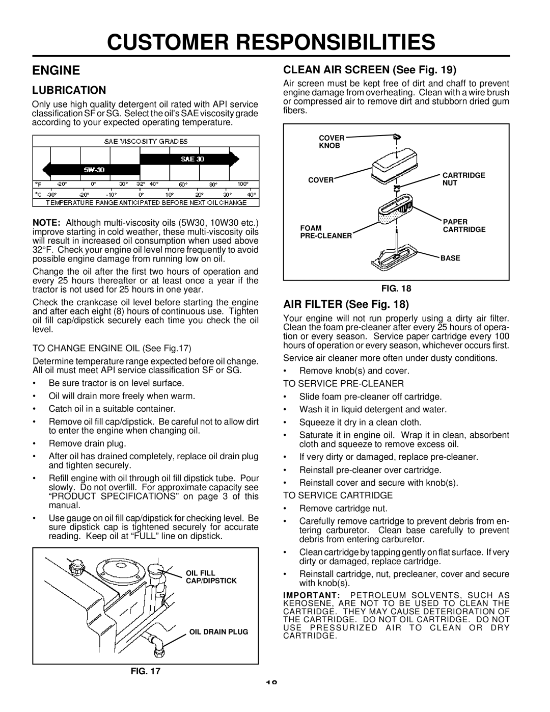 Husqvarna LTH125 owner manual Engine, Lubrication, Clean AIR Screen See Fig, AIR Filter See Fig 