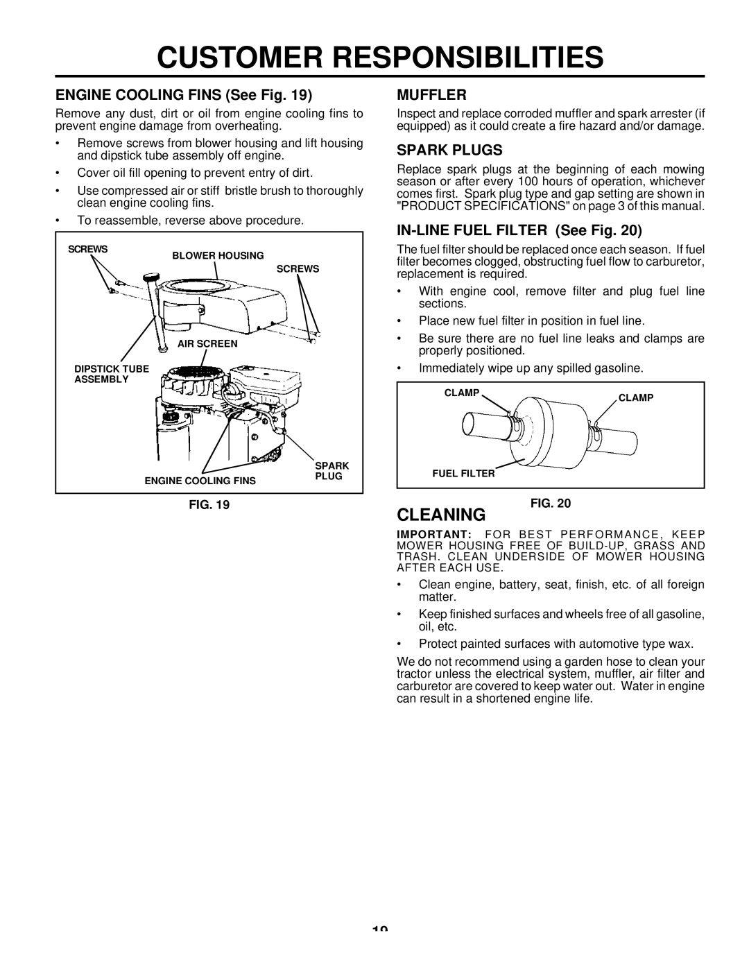 Husqvarna LTH125 owner manual Cleaning, Engine Cooling Fins See Fig, Muffler, Spark Plugs, IN-LINE Fuel Filter See Fig 