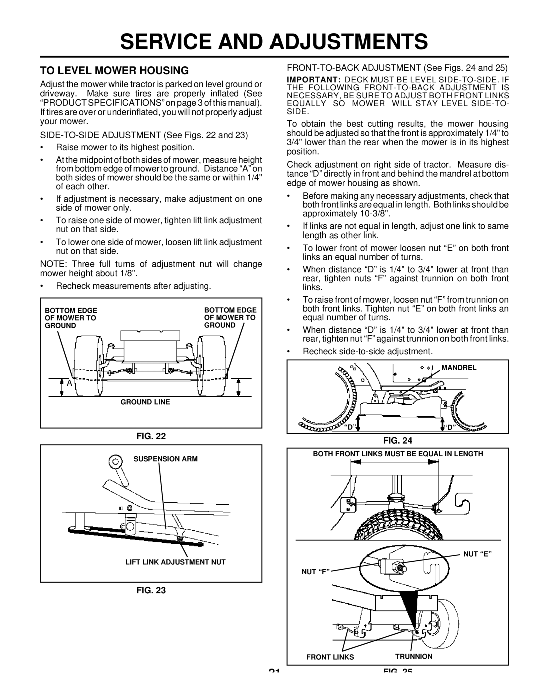 Husqvarna LTH125 owner manual To Level Mower Housing, FRONT-TO-BACK Adjustment See Figs 