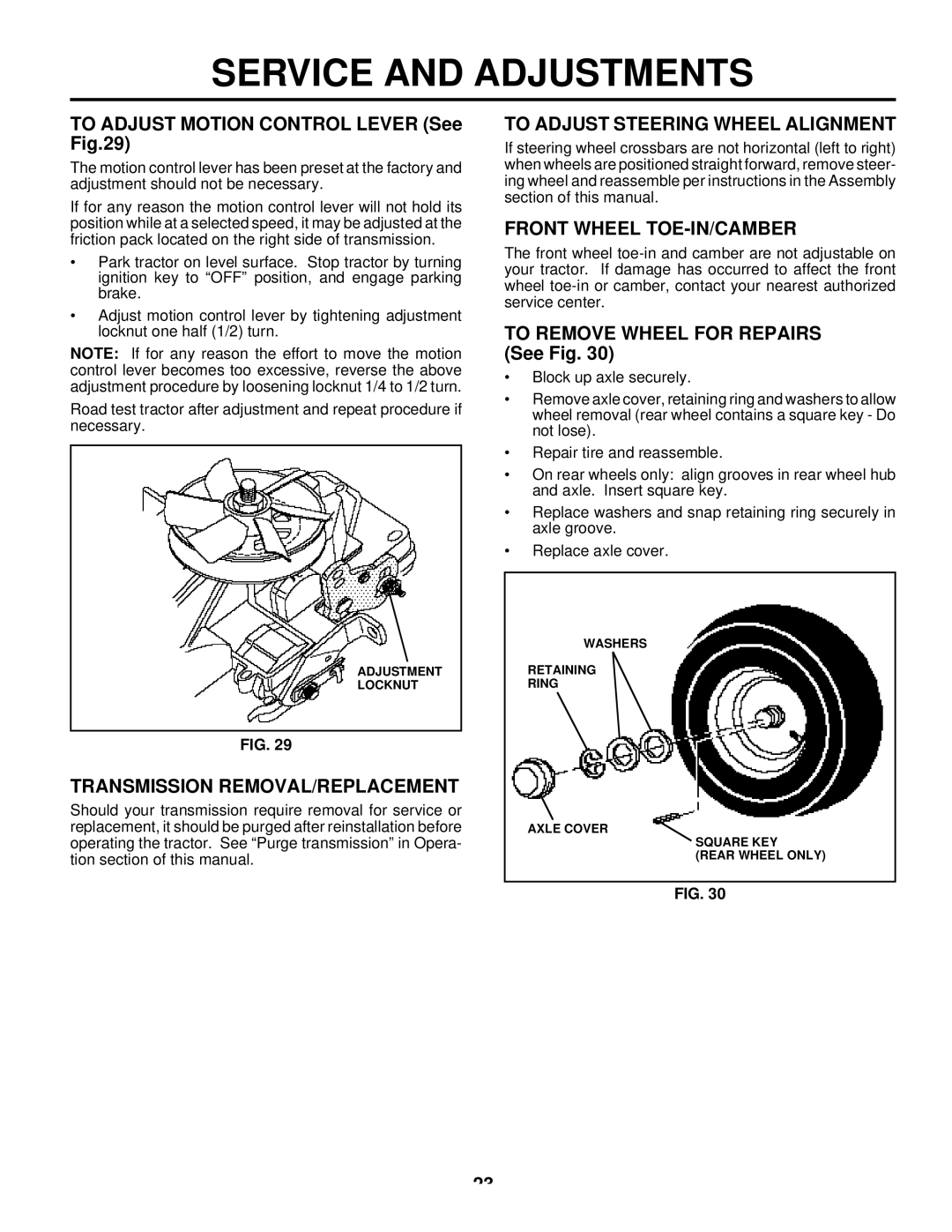 Husqvarna LTH125 To Adjust Motion Control Lever See, Transmission REMOVAL/REPLACEMENT, To Adjust Steering Wheel Alignment 