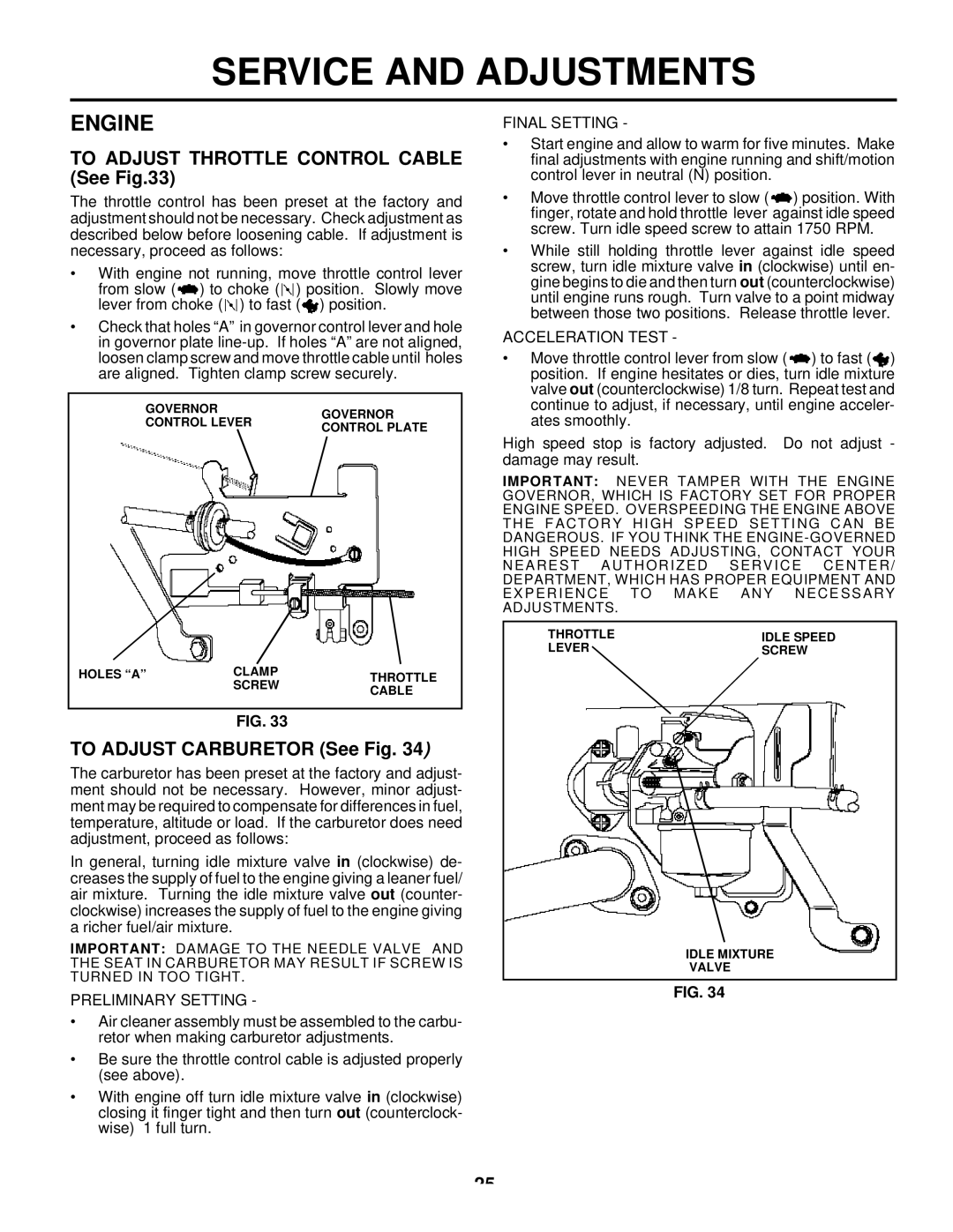 Husqvarna LTH125 To Adjust Throttle Control Cable See, To Adjust Carburetor See Fig, Preliminary Setting, Final Setting 