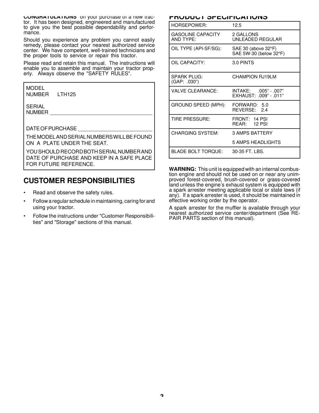 Husqvarna owner manual Customer Responsibilities, Product Specifications, Model Number LTH125 Serial 