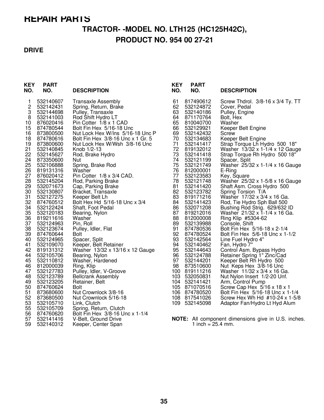 Husqvarna LTH125 owner manual Repair Parts 