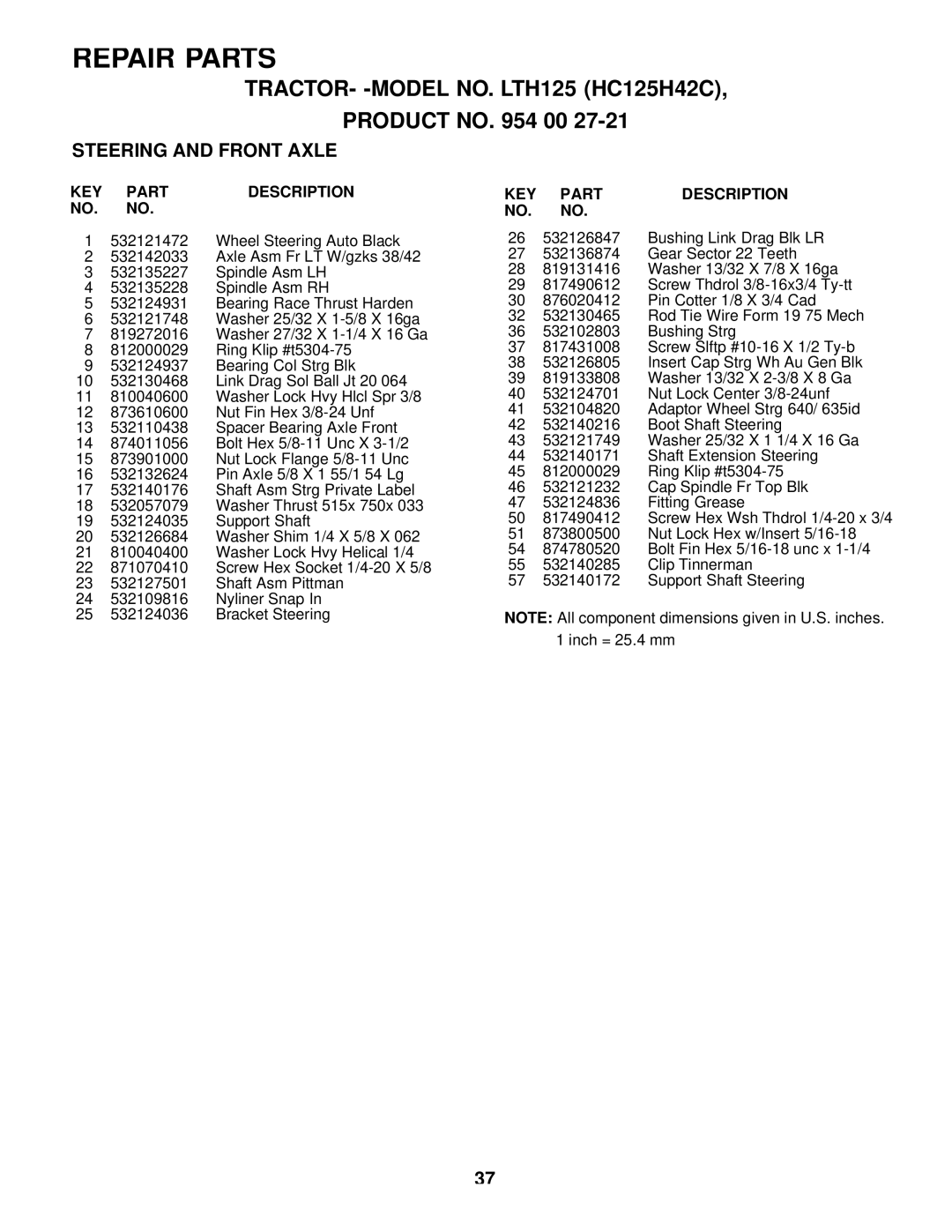 Husqvarna LTH125 owner manual Repair Parts 