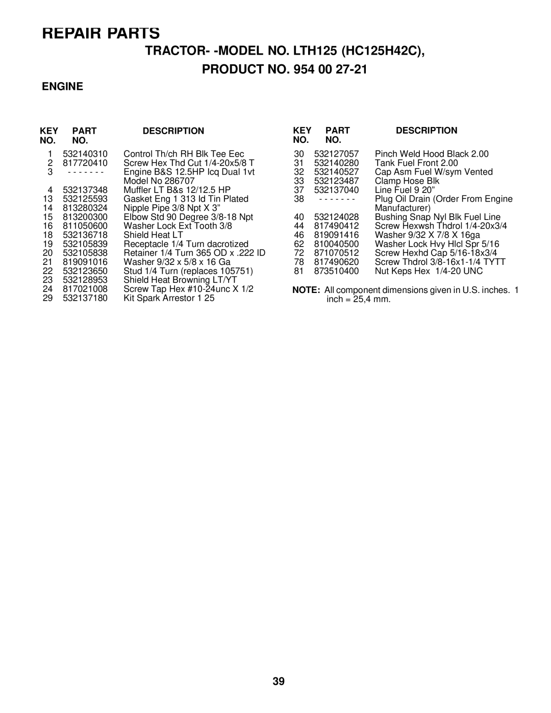 Husqvarna LTH125 owner manual Repair Parts 