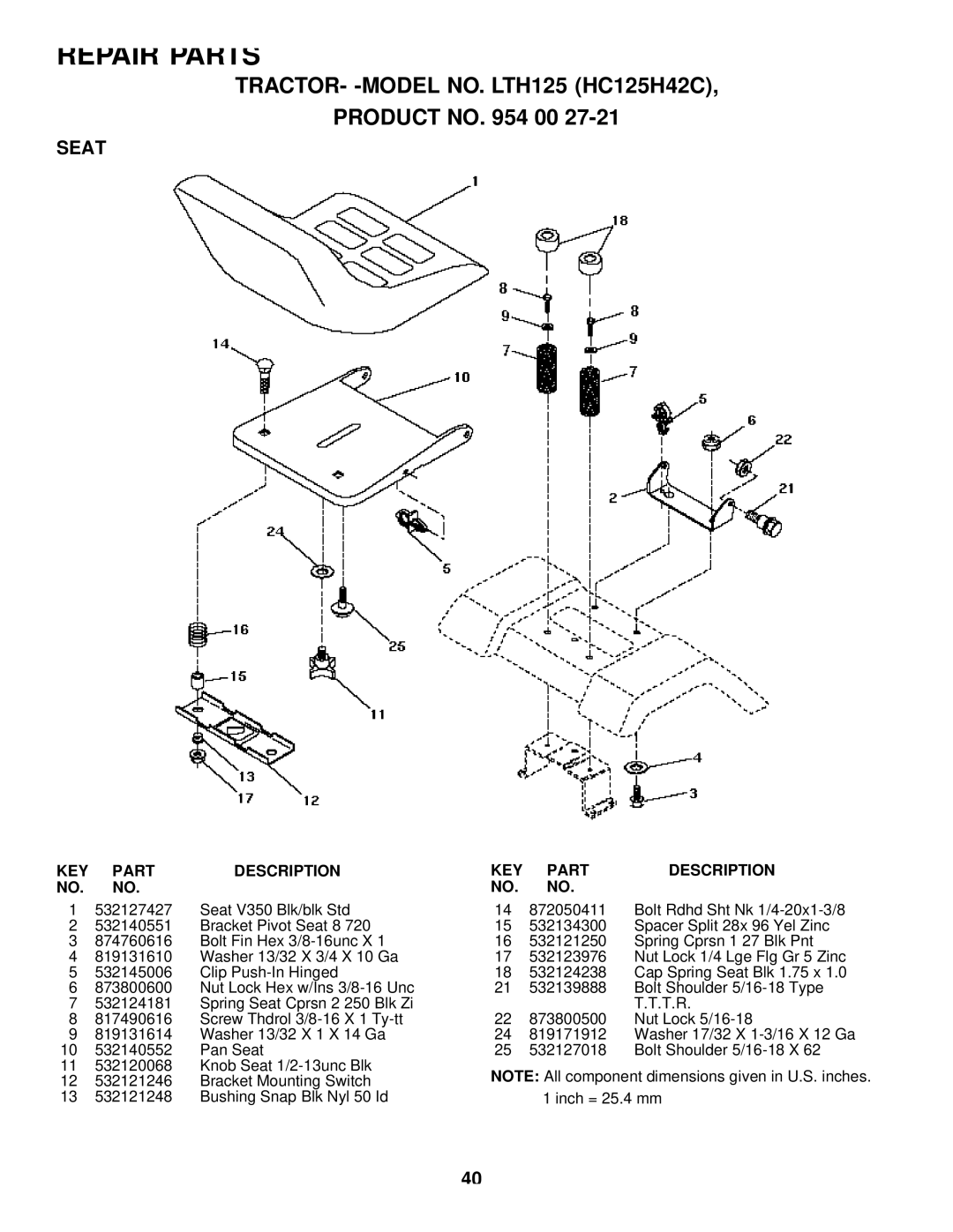 Husqvarna LTH125 owner manual Seat 