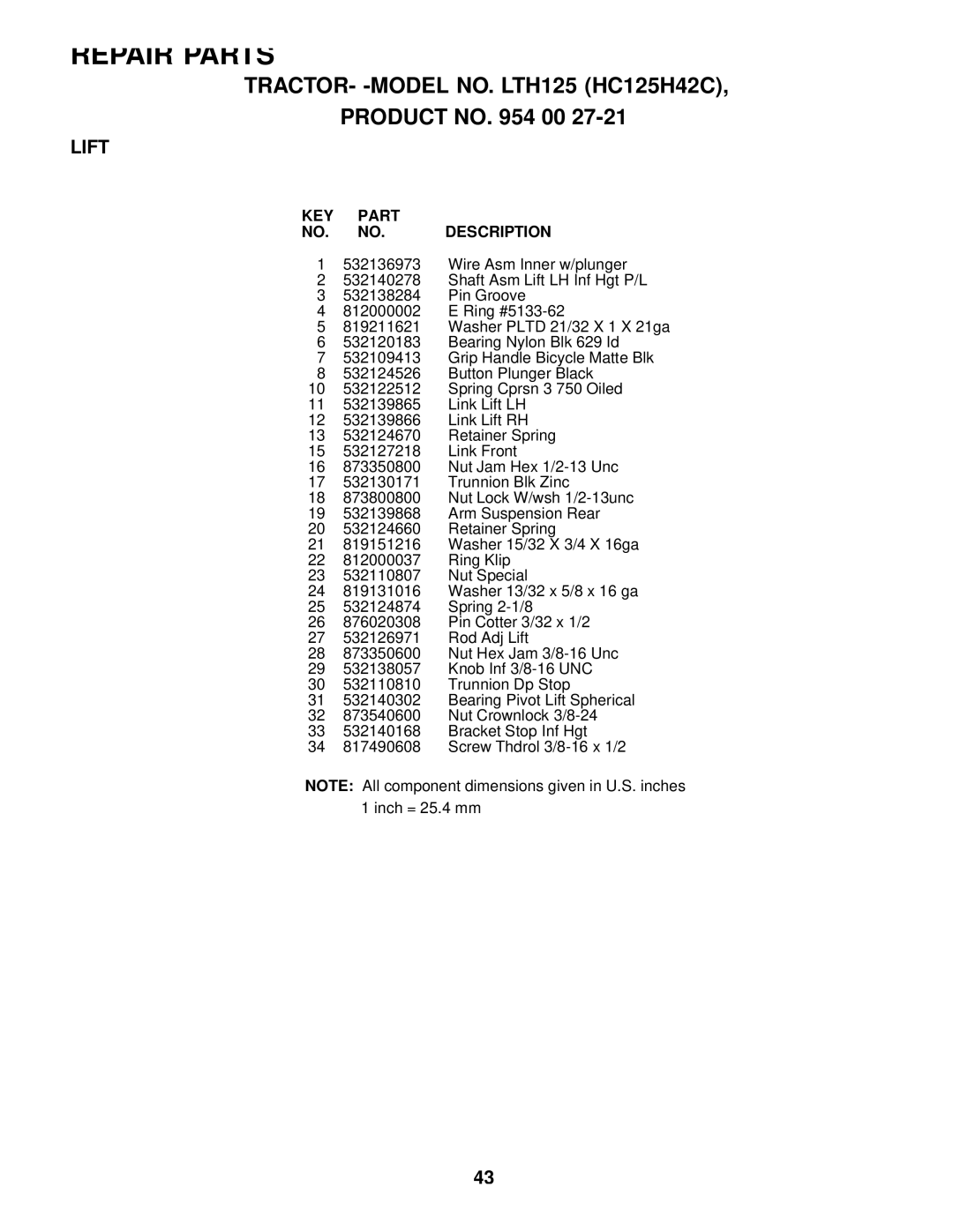 Husqvarna LTH125 owner manual KEY Part NO. NO. Description 