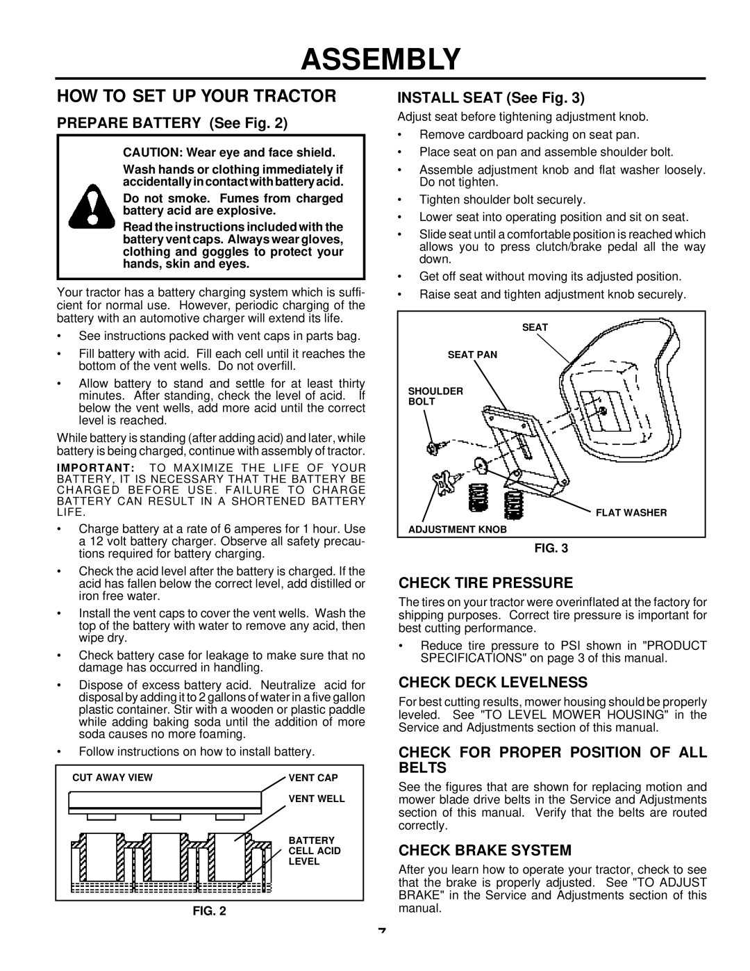 Husqvarna LTH125 owner manual HOW to SET UP Your Tractor, Check Tire Pressure, Check Deck Levelness, Check Brake System 