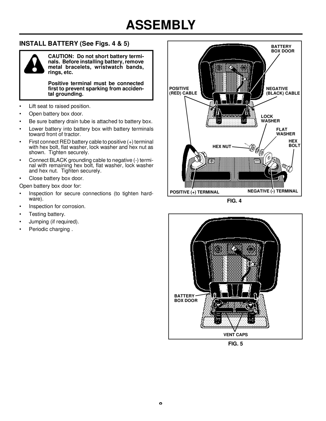 Husqvarna LTH125 owner manual Install Battery See Figs 