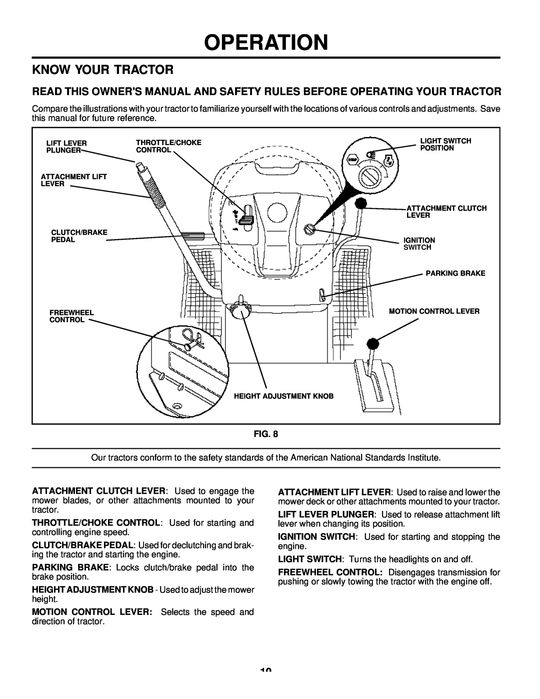 Husqvarna LTH125 owner manual Operation, Know Your Tractor, HEIGHT ADJUSTMENT KNOB - Used to adjust the mower height 