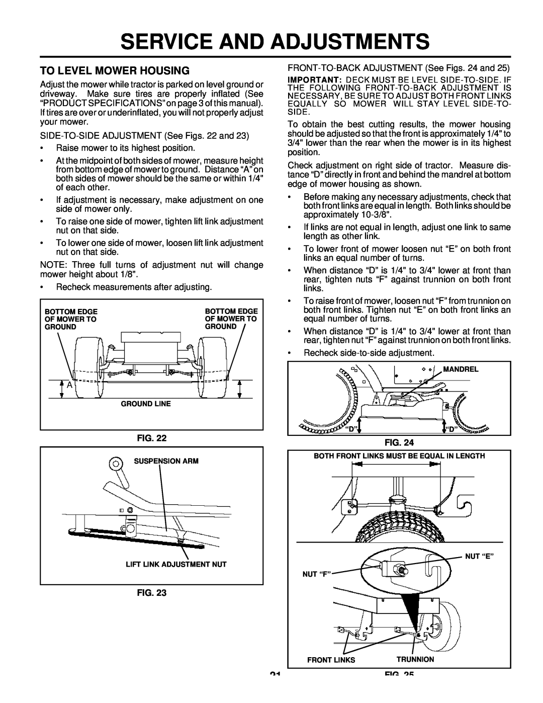 Husqvarna LTH125 owner manual To Level Mower Housing, Service And Adjustments 
