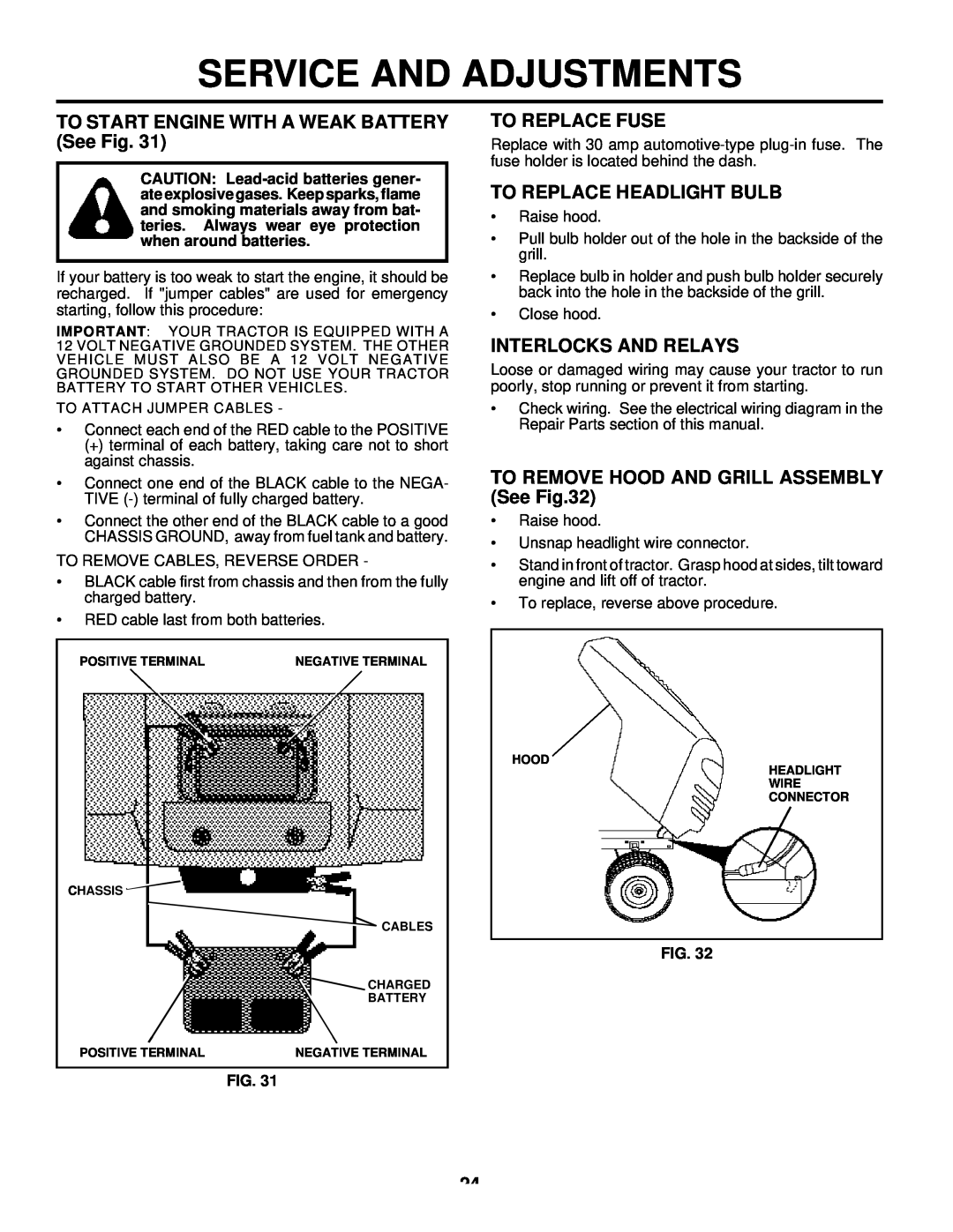 Husqvarna LTH125 owner manual TO START ENGINE WITH A WEAK BATTERY See Fig, To Replace Fuse, To Replace Headlight Bulb 