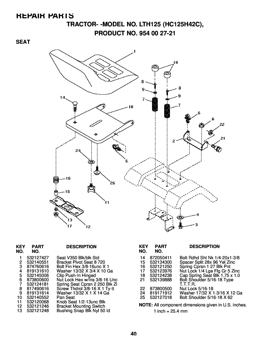 Husqvarna owner manual Seat, Repair Parts, TRACTOR- -MODEL NO. LTH125 HC125H42C PRODUCT NO, Description 