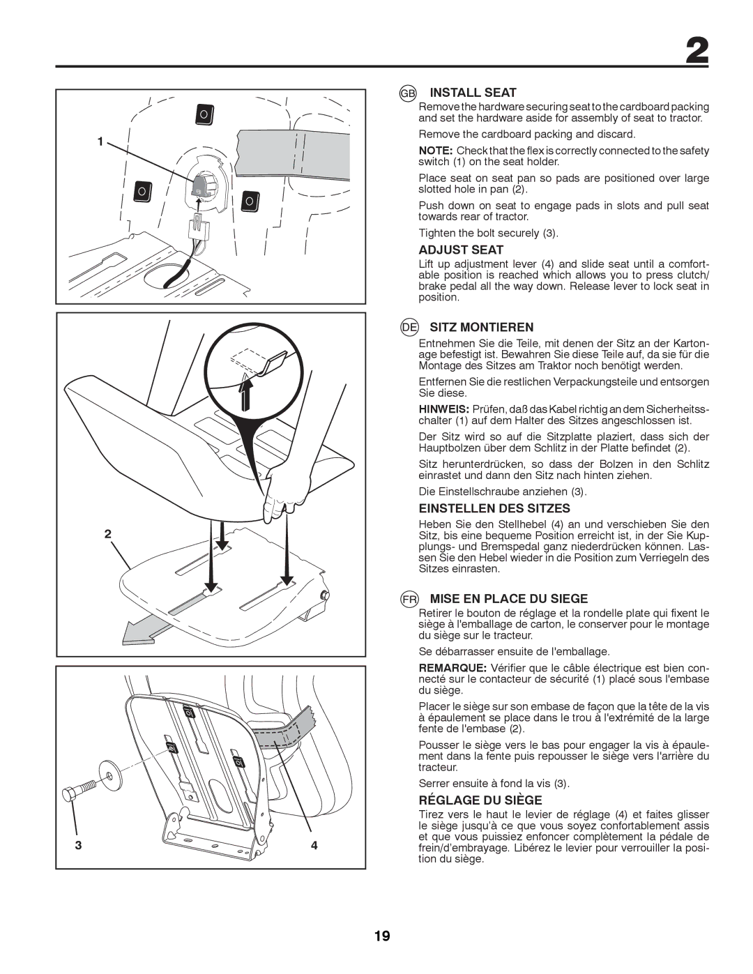 Husqvarna LTH126 Install Seat, Adjust Seat, Sitz Montieren, Einstellen DES Sitzes, Mise EN Place DU Siege 