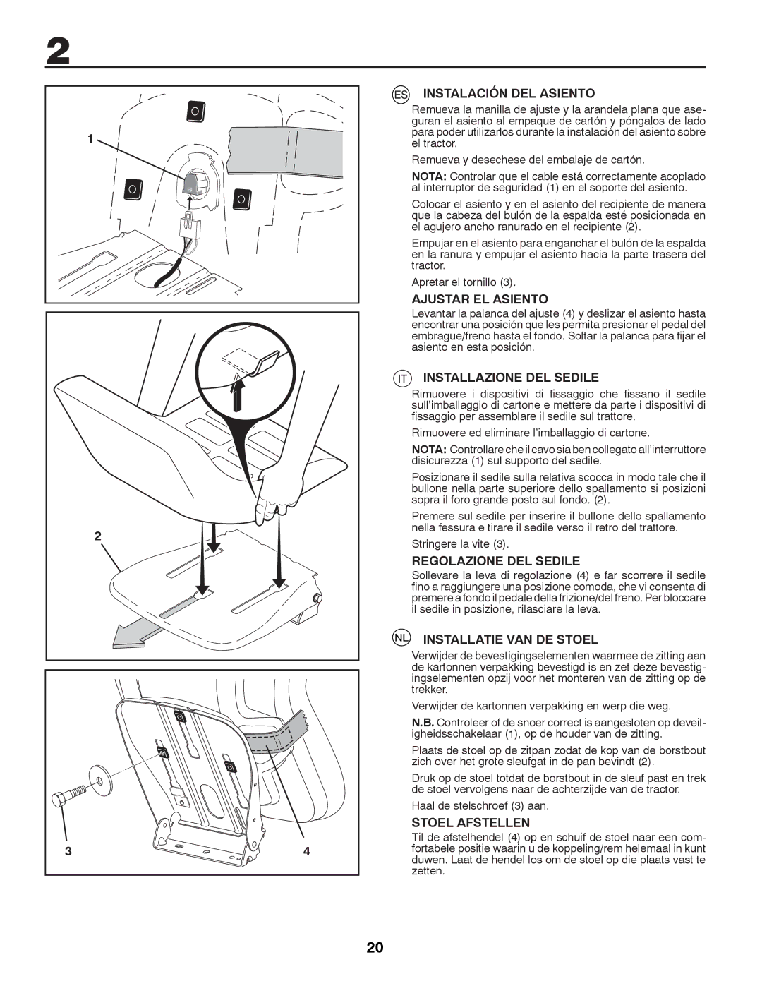 Husqvarna LTH126 Instalación DEL Asiento, Ajustar EL Asiento, Installazione DEL Sedile, Regolazione DEL Sedile 