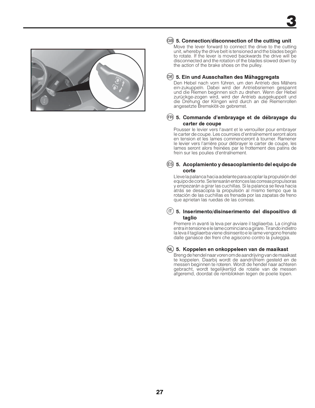 Husqvarna LTH126 instruction manual Connection/disconnection of the cutting unit, Ein und Ausschalten des Mähaggregats 