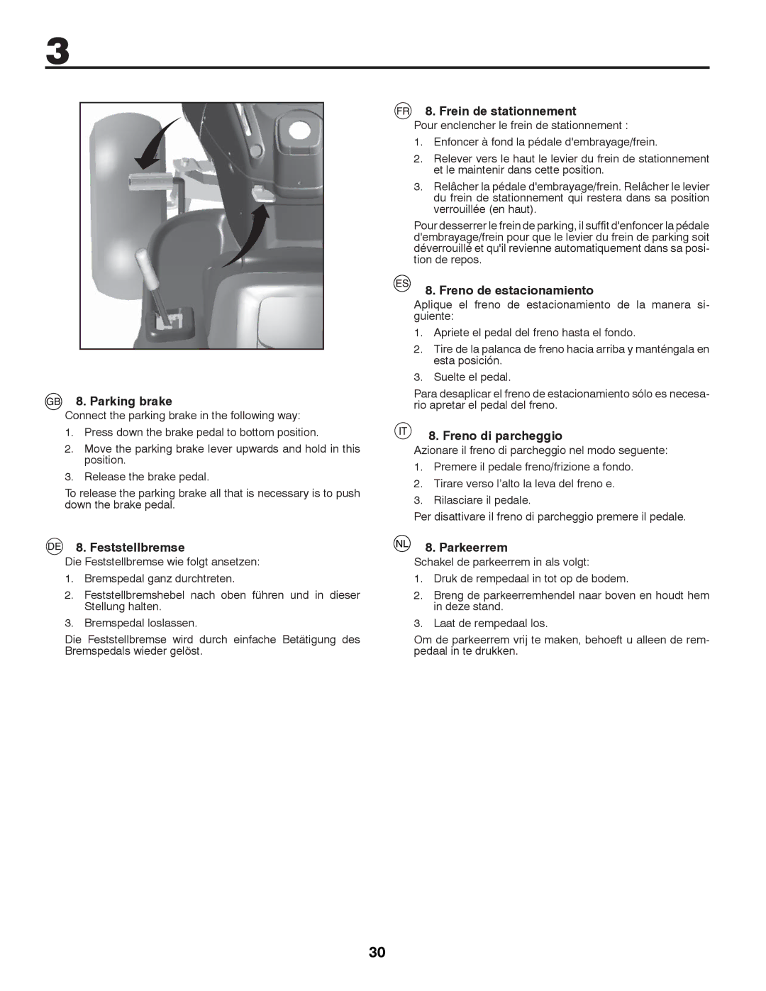 Husqvarna LTH126 Parking brake, Feststellbremse, Frein de stationnement, Freno de estacionamiento, Freno di parcheggio 