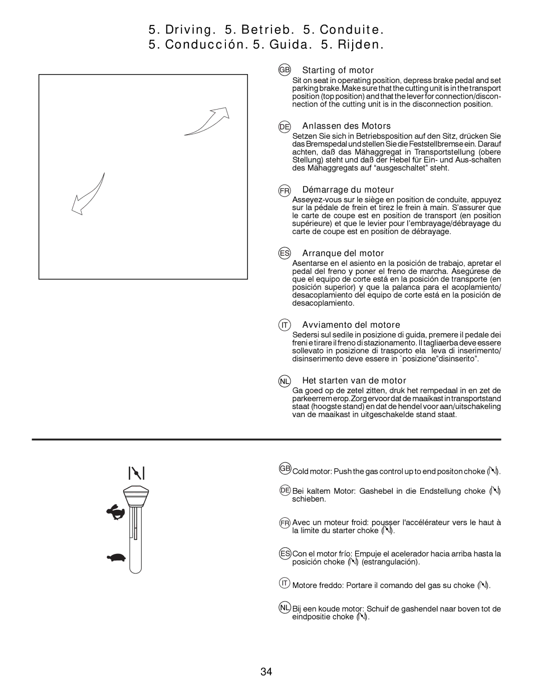 Husqvarna LTH126 instruction manual Driving . Betrieb . Conduite Conducción . Guida . Rijden, Starting of motor 