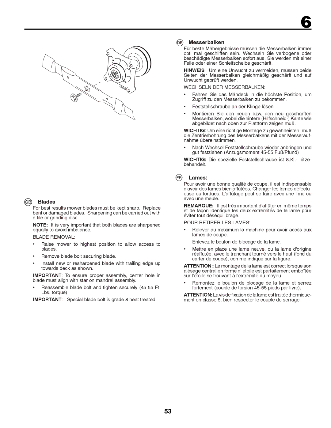 Husqvarna LTH126 instruction manual Blades, Messerbalken, Lames 