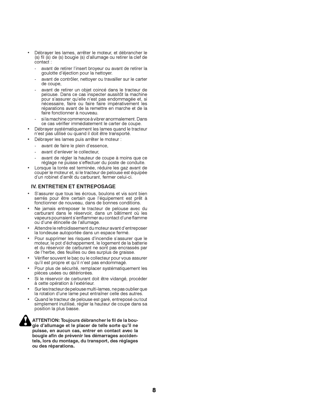 Husqvarna LTH126 instruction manual IV. Entretien ET Entreposage 