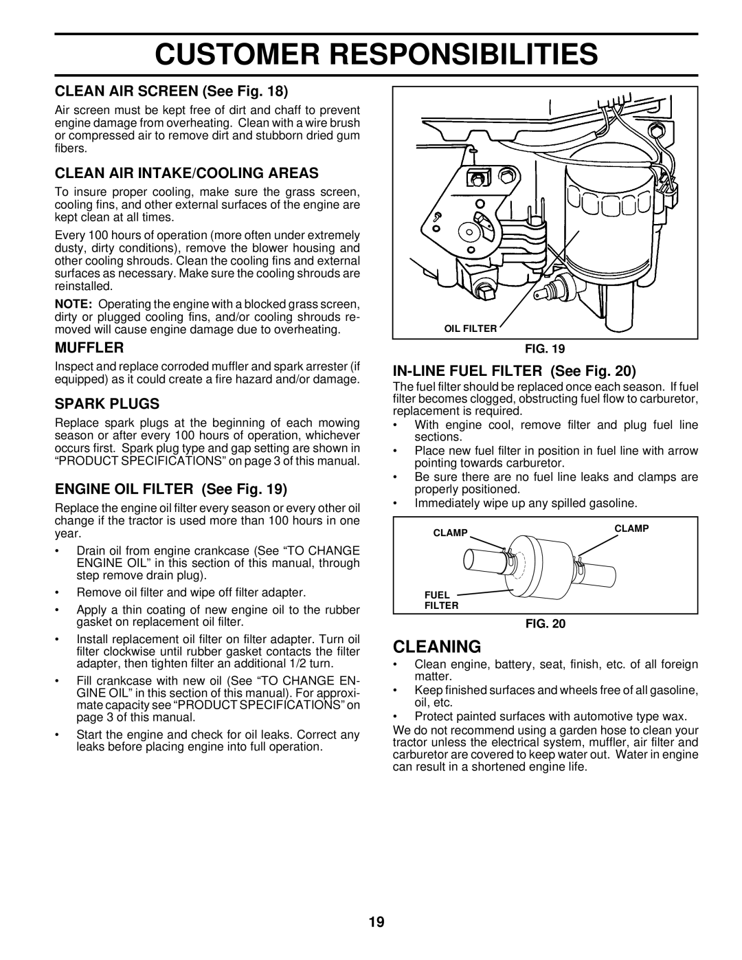 Husqvarna LTH130 owner manual Cleaning, Clean AIR INTAKE/COOLING Areas, Muffler, Spark Plugs 