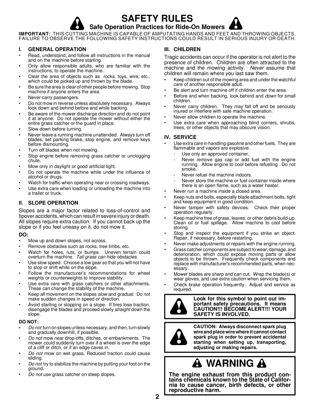 Husqvarna LTH130 Safe Operation Practices for Ride-On Mowers, General Operation, II. Slope Operation, III. Children 