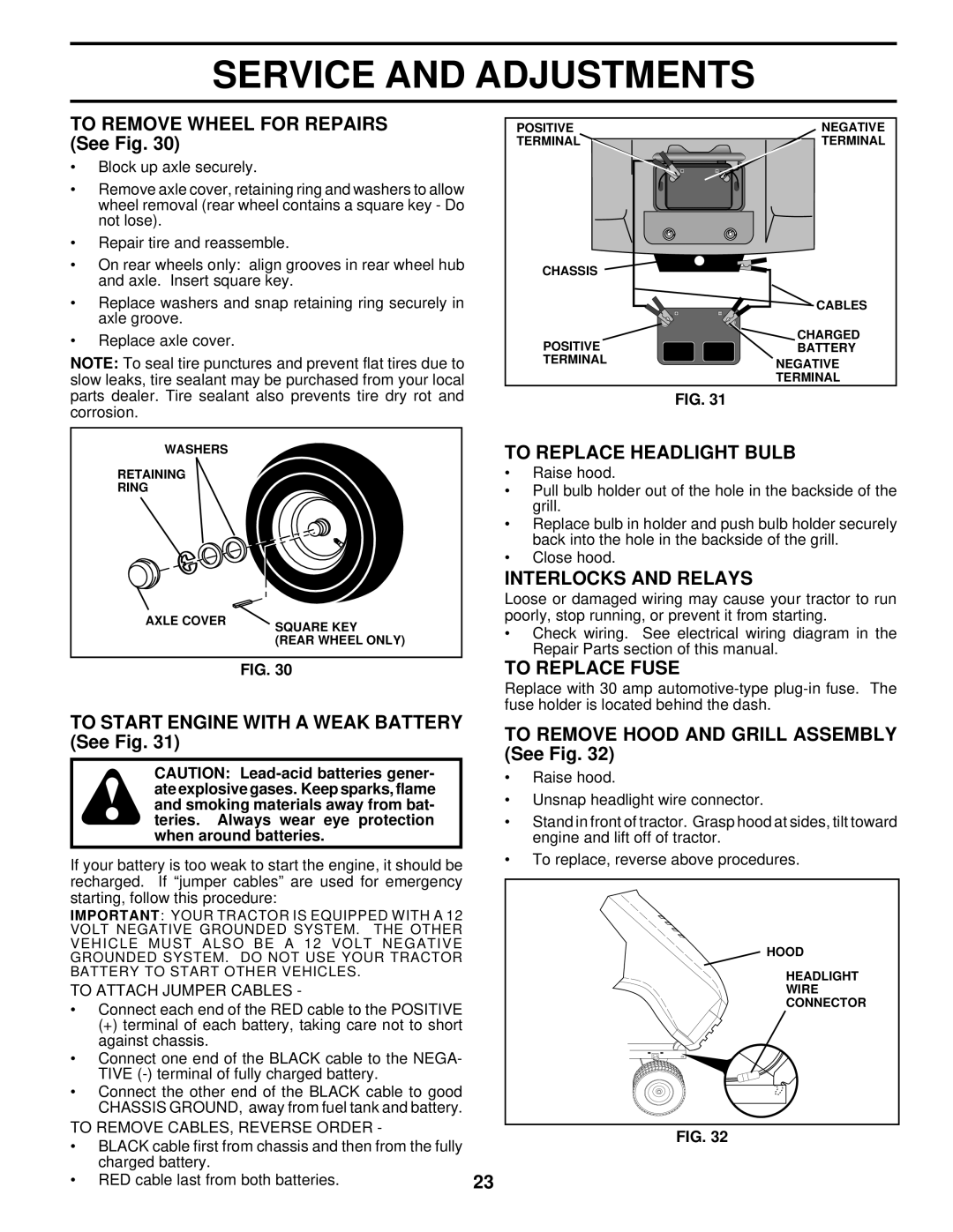 Husqvarna LTH130 owner manual To Replace Headlight Bulb, Interlocks and Relays, To Replace Fuse 