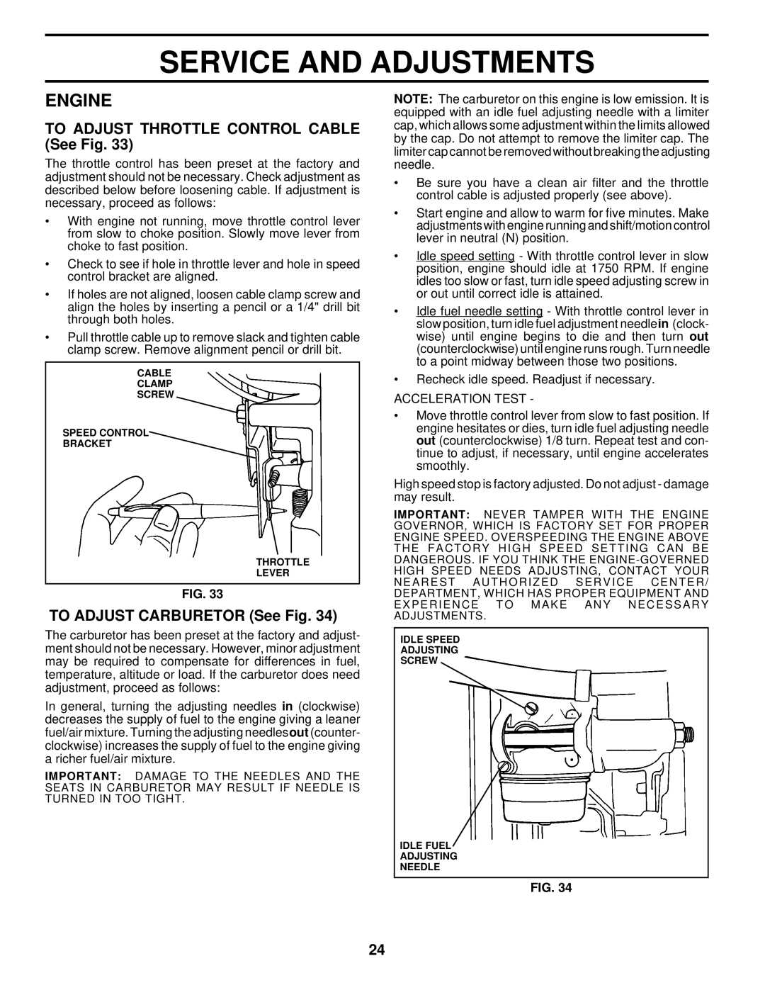 Husqvarna LTH130 owner manual To Adjust Throttle Control Cable See Fig, To Adjust Carburetor See Fig, Acceleration Test 