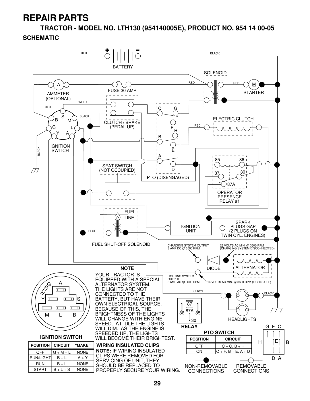 Husqvarna LTH130 owner manual Schematic, Ignition Switch, Relay, PTO Switch, Wiring Insulated Clips 