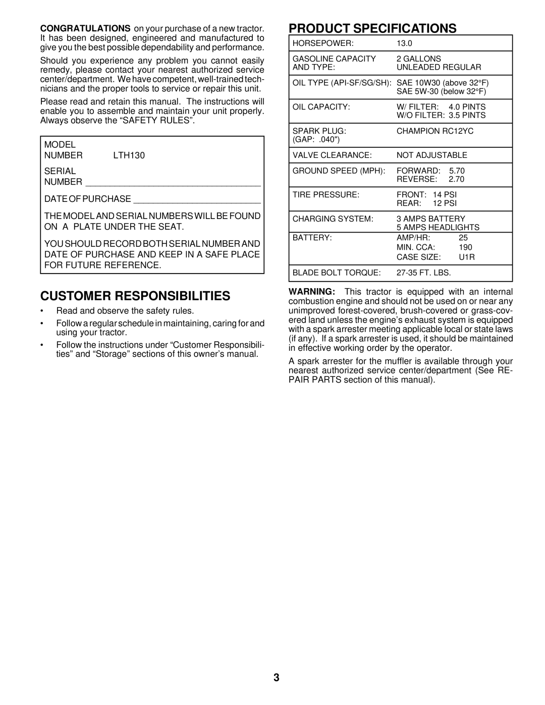 Husqvarna owner manual Customer Responsibilities, Product Specifications, Model Number LTH130 Serial 