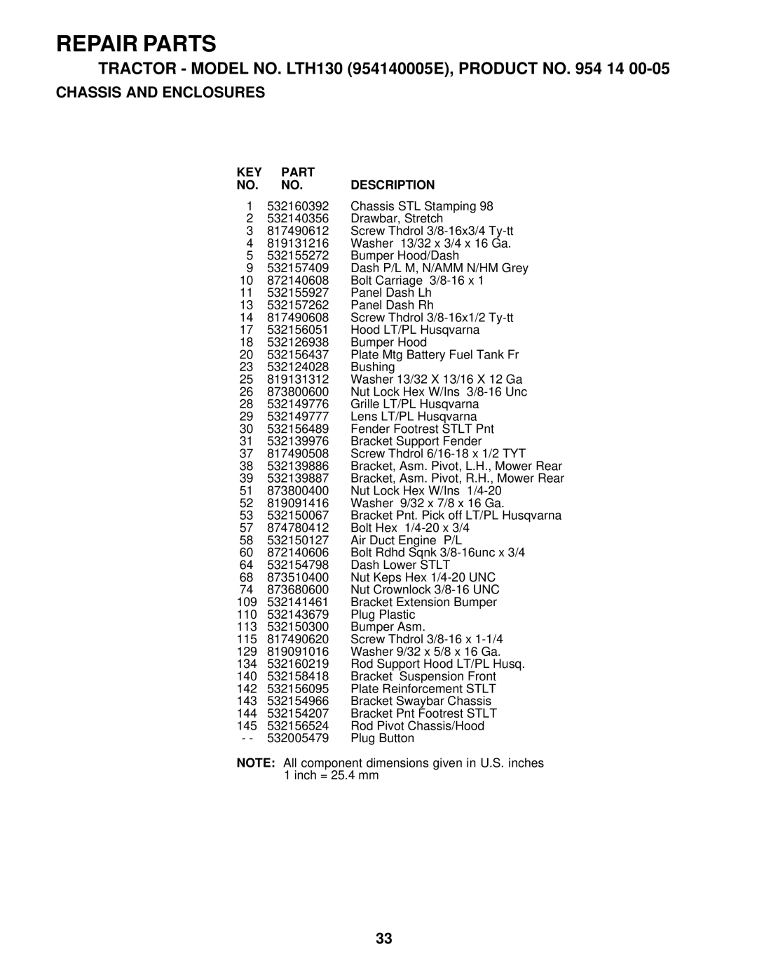 Husqvarna LTH130 owner manual Repair Parts 