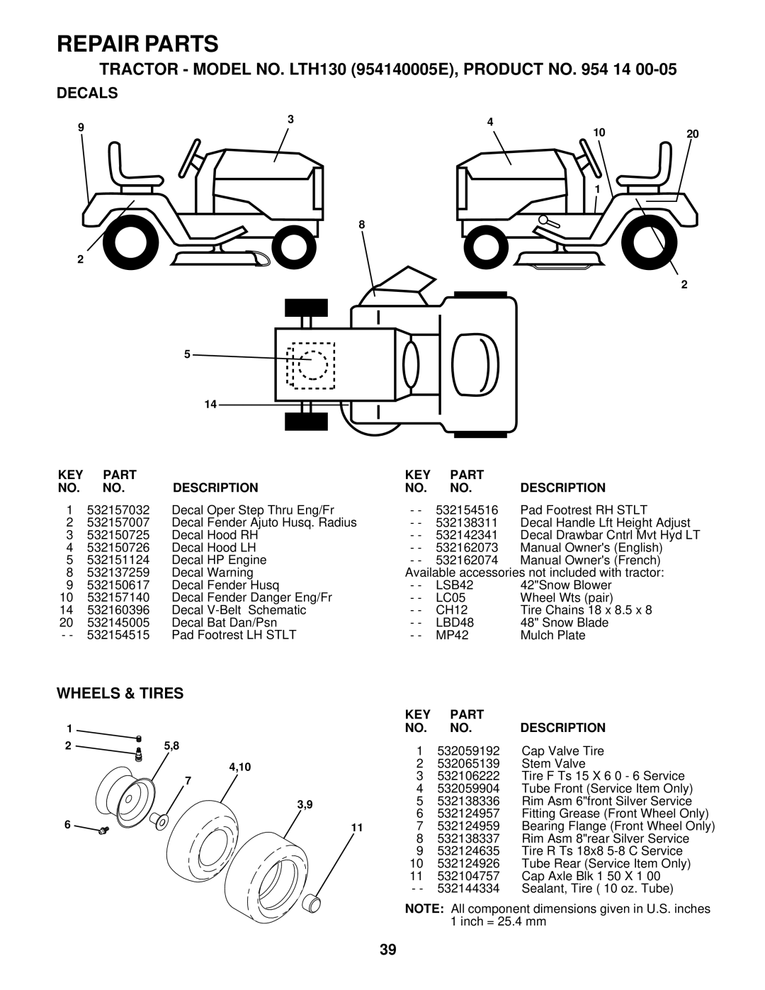 Husqvarna LTH130 owner manual Decals, Wheels & Tires, KEY Part Description, LSB42, LBD48 