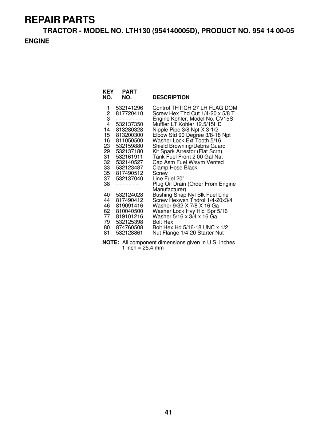 Husqvarna LTH130 owner manual KEY Part NO. NO. Description 