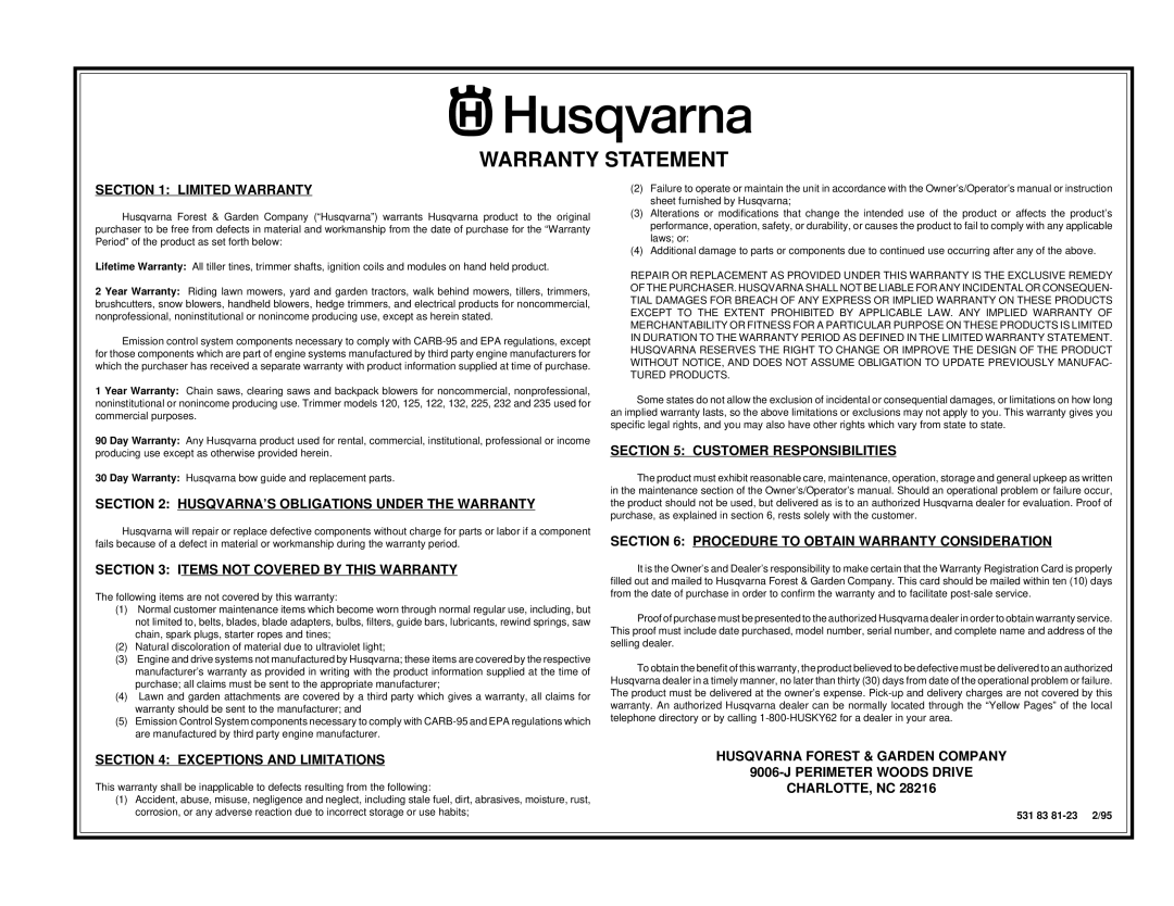 Husqvarna LTH130 owner manual Warranty Statement, Limited Warranty 