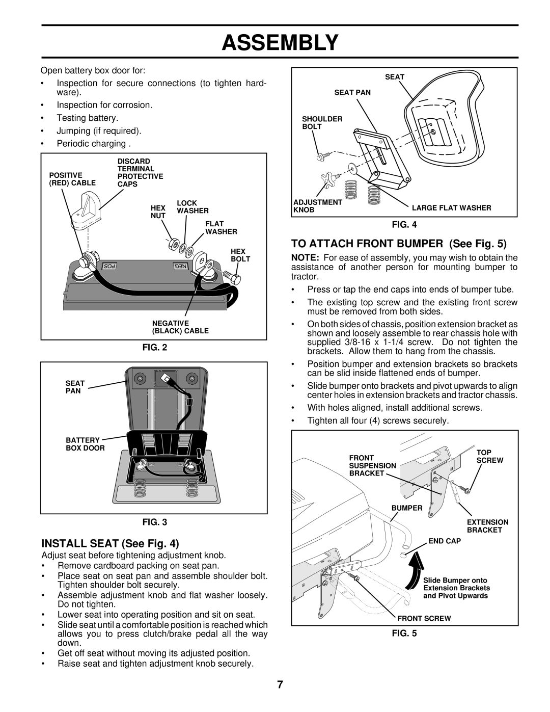 Husqvarna LTH130 owner manual Install Seat See Fig, To Attach Front Bumper See Fig 